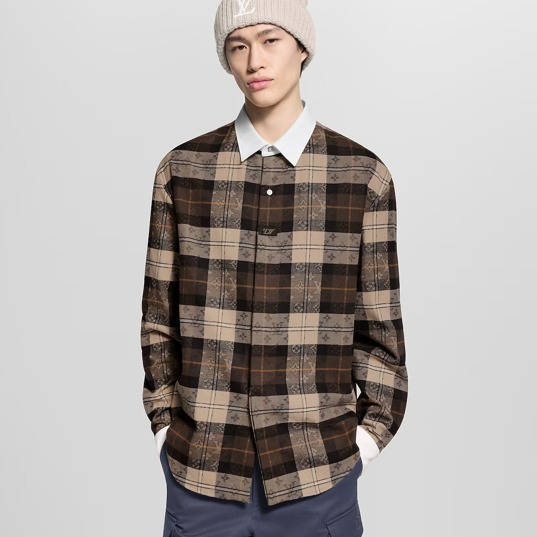 Monogram Flannel Long-Sleeved Polo Shirt