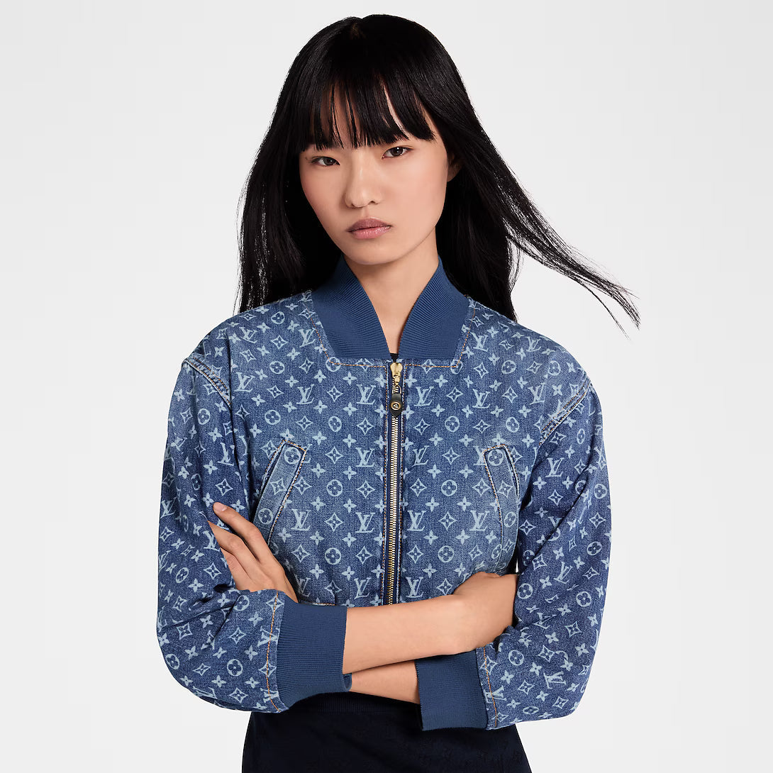 Cropped Monogram Denim Bomber Jacket